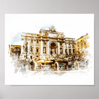Poster ROME Italie Trevi Fontaine aquarelle Peinture Roma