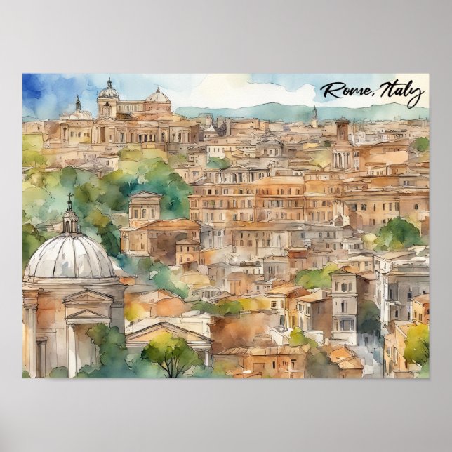Poster Rome Italy Watercolor Painting Panorama View (Devant)