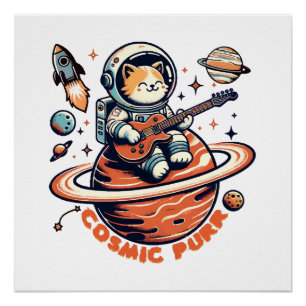 Poster Ronron cosmique - Chat guitariste astro