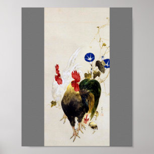 Poster Rooster, Chick and Morning Glory, Watanabe Seitei