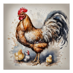 Poster Rooster d'aquarelle avec pousses no 4
