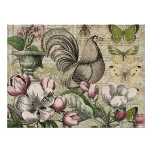 Poster Rooster Garden Flower Papillon Art