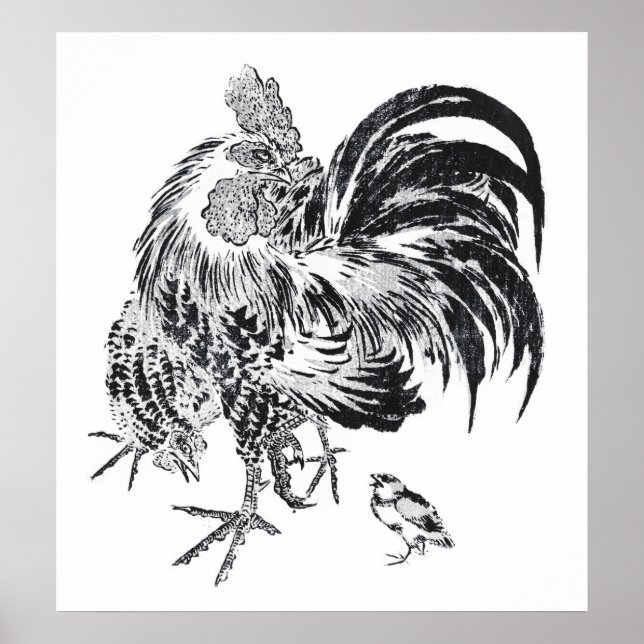 Poster Rooster japonais Ukiyo-e Niwatori par Toyohiro (Devant)