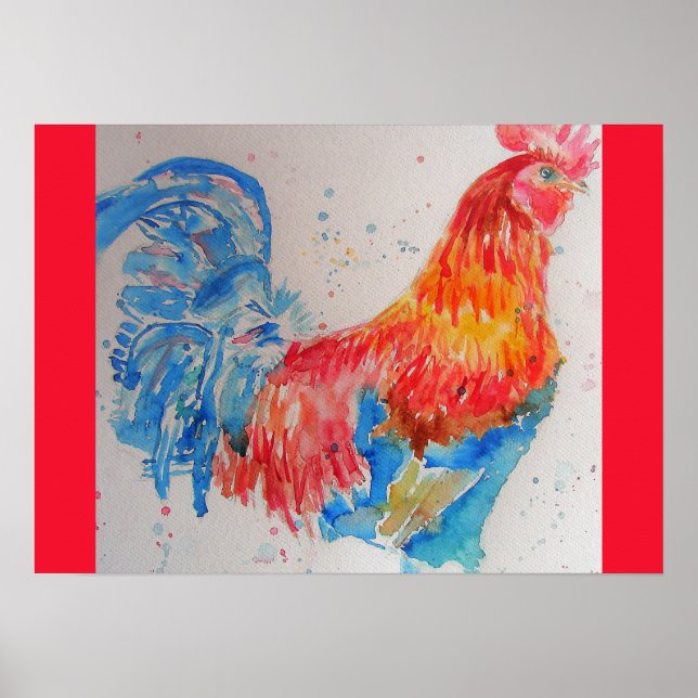 Poster Rooster rouge Aquarelle Peinture Fête des pères Pa (Devant)