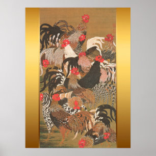 Poster Roosters Japanese Painting with Golden Background