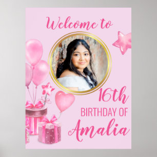 Poster Rose avec des cadeaux et ballons photo ronde