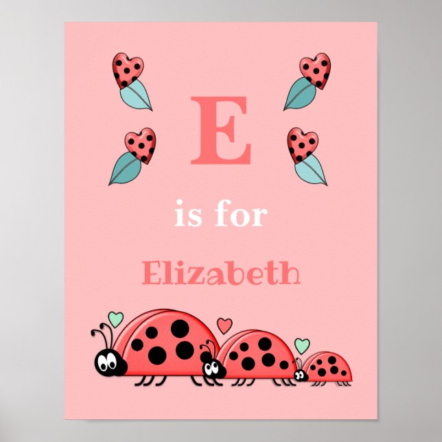 Poster Rose avec les coeurs de coccinelle et nom de bébé (Devant)