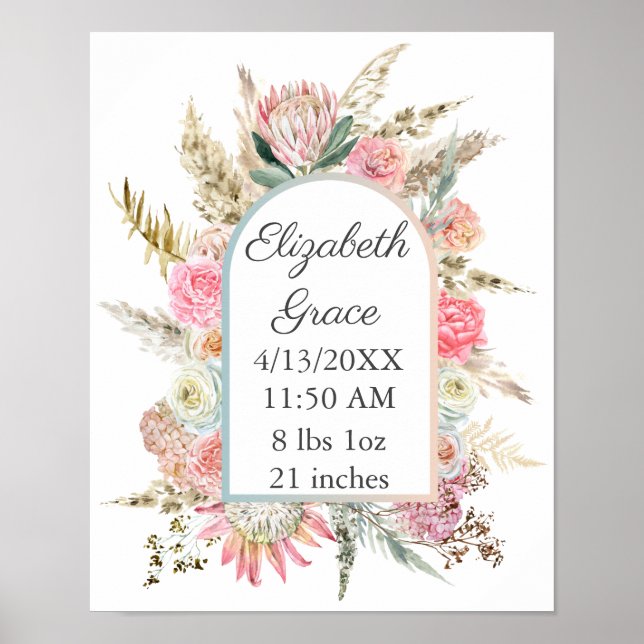 Poster Rose Blanc Floral Bébé Statistiques de naissance P (Devant)