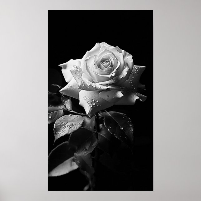 Poster Rose blanche à longue tige photo B&W (Devant)