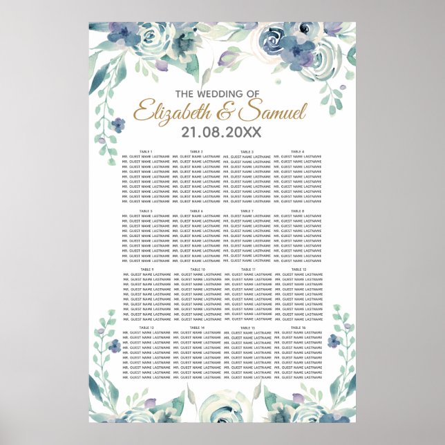 Poster Rose bleu aquarelle Mariage floral carte de siège (Devant)