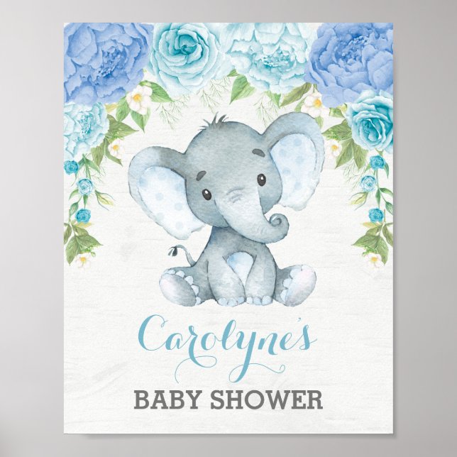 Poster Rose bleu Elephant Baby shower garçon Bienvenue (Devant)