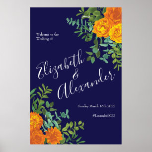 Poster Rose bleu et orange Floral Mariage moderne