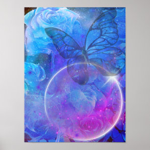 Poster Rose bleu et papillon bleu