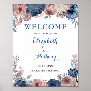 Poster Rose bleu marine Mauve Mariage d'aquarelle