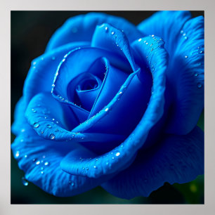 Poster Rose bleue vibrante avec gouttes d'eau