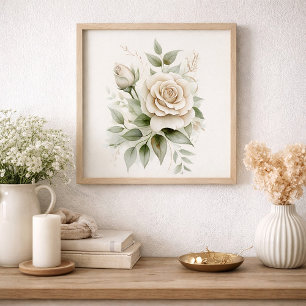 Poster Rose botanique blanche élégante, verdure neutre