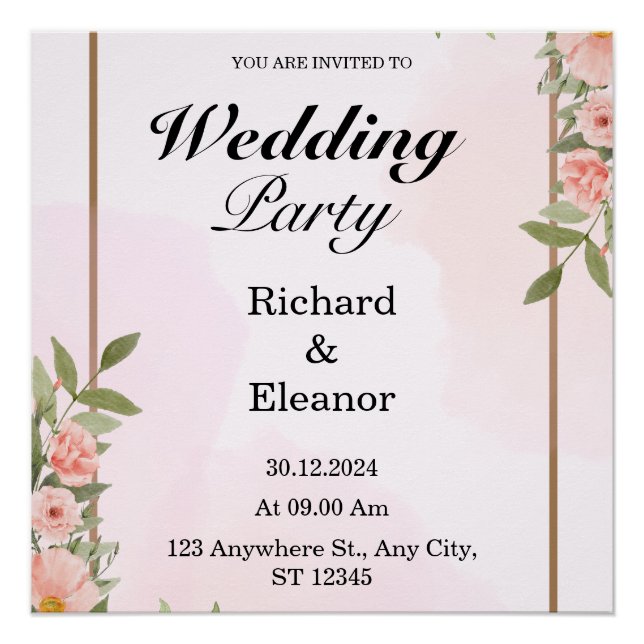 Poster rose & Brown Simple Wedding Party (Devant)
