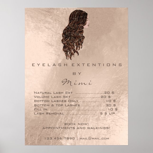 Poster Rose Coiffeur maquillage Eyes Lashes Tarification (Devant)