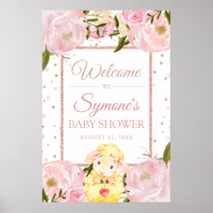 Poster Rose d'agneau or et rose Peony Baby shower Bienven