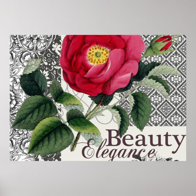 Poster Rose Damask Joli Floral Antique (Devant)