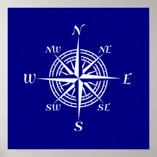 Poster Rose de boussole bleu et blanc marine
