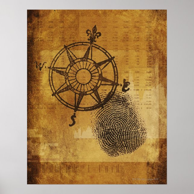 Poster Rose de compas antique avec empreinte digitale (Devant)