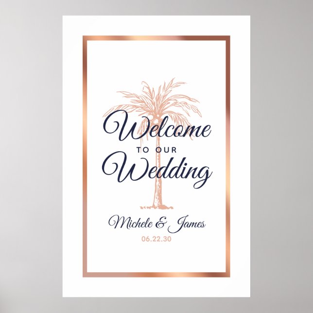 Poster Rose de la marine Gold Palm Tree Mariage Bienvenue (Devant)
