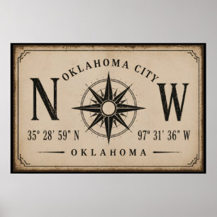 Poster Rose des vents coordonnées vintage Oklahoma City