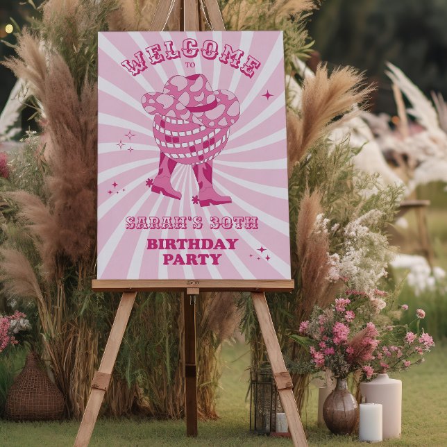 Poster Rose | Disco Cowgirl Anniversaire de fête Bienvenu (Welcome Pink Disco Cowgirl Birthday Party)