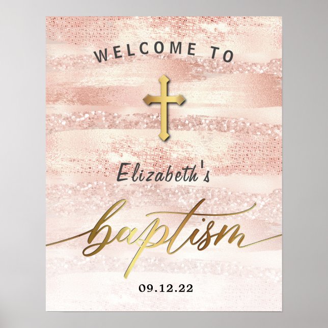 Poster Rose élégant Gold Girl Baptism Bienvenue (Devant)
