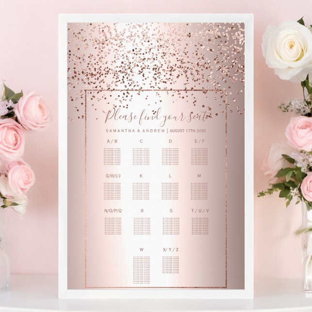 Poster Rose en or confetti métallique mariage assise (Rose gold confetti metallic wedding seating chart)