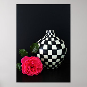 Poster Rose et vase checkered