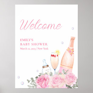 Poster Rose Fleur Poppin Champagne Baby shower Bienvenue