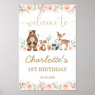 Poster Rose Floral Bois animal 1er anniversaire Bienvenue