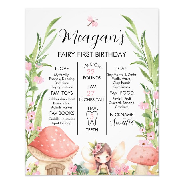 Poster rose Floral Fée Premier Anniversaire Jalon (Devant)