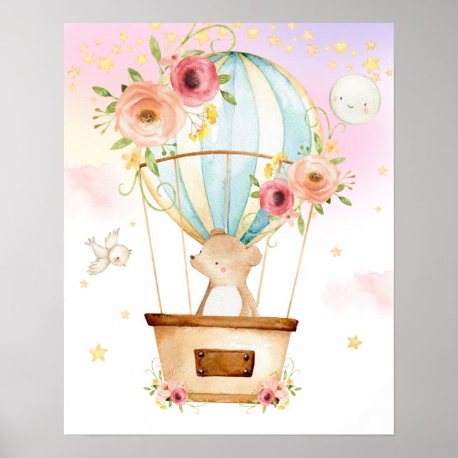 Poster Rose Floral Hot Air Balloon mignonne Ours Aventure (Devant)