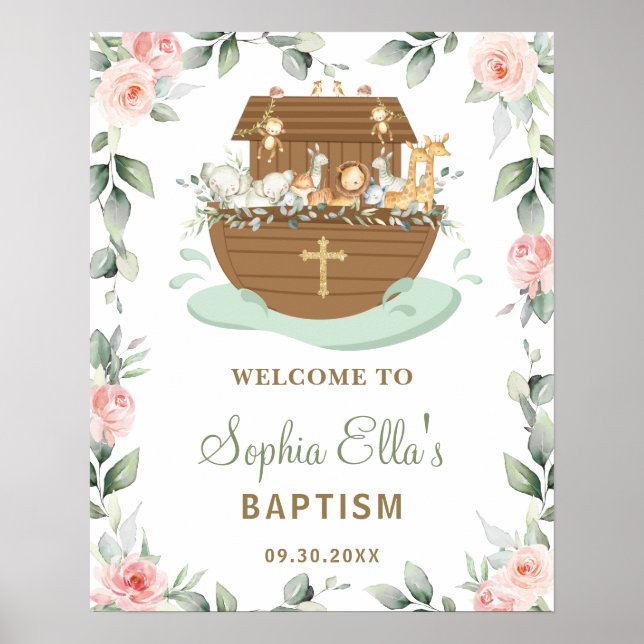 Poster Rose Floral Noah's Ark Girl Baptism Bienvenue (Devant)