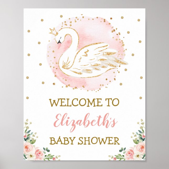 Poster Rose Floral Swan Princess Baby shower fille Bienve (Devant)