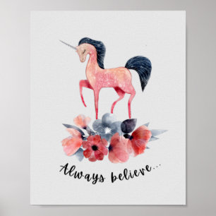 Poster Rose Floral Unicorn Girl's chambre Wall Art