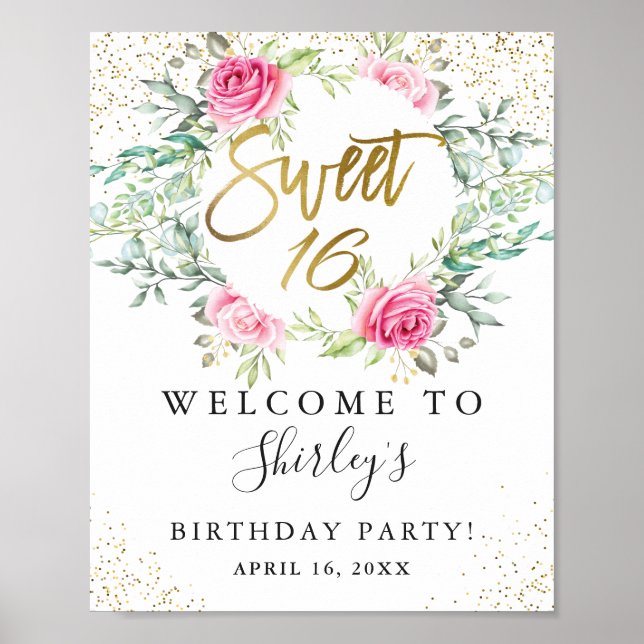 Poster Rose Floral Vert Or Script Sweet 16 Anniversaire (Devant)
