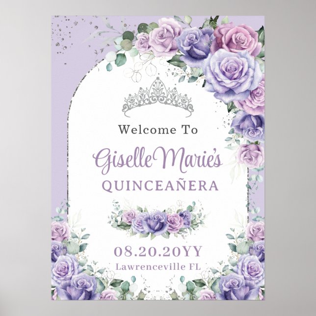 Poster Rose floral violet Lilac QUINCEAÑERA Arc argenté (Devant)