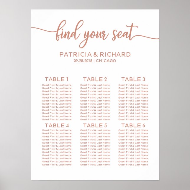 Poster Rose Gold 6 Tables Mariage Sièges Graphique (Devant)