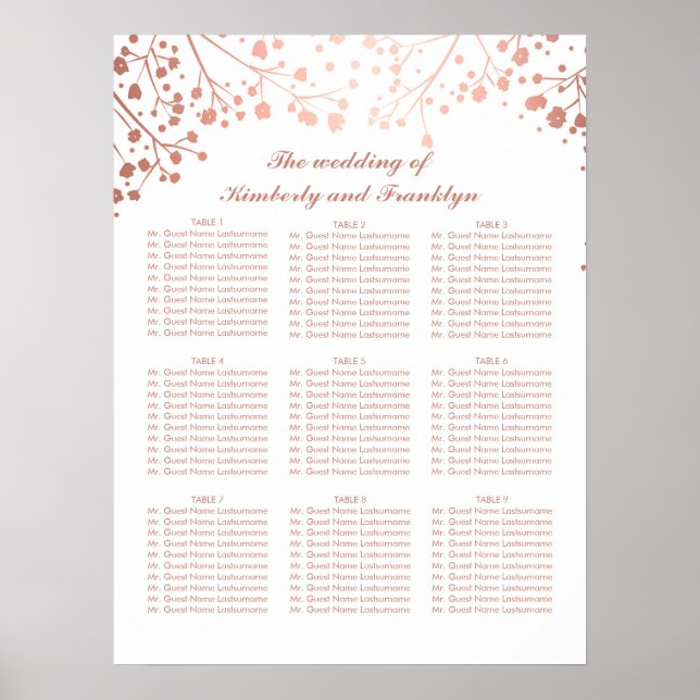 Poster Rose Gold Baby's Breath Mariage Seating Chart (Devant)