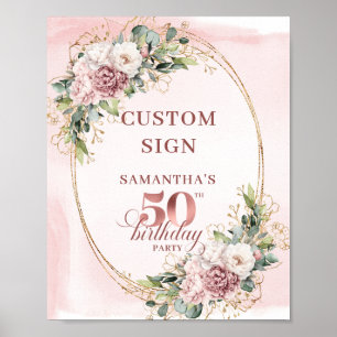 Poster Rose Gold Blush Floral 50e Anniversaire Panneau Pe