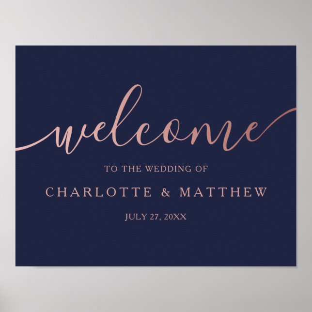Poster Rose Gold Calligraphie Marine Bienvenue Mariage Po (Devant)