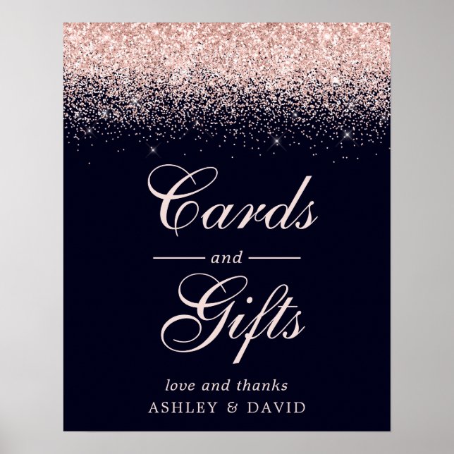Poster Rose Gold Confetti Marine Blue Chic Cartes et cade (Devant)