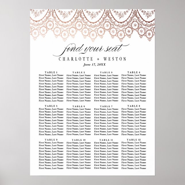 Poster Rose Gold Delicate Mariage Seating Chart (Devant)