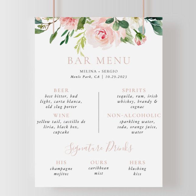 Poster Rose Gold Fall Flowers Mariage Bar Menu (Créateur téléchargé)