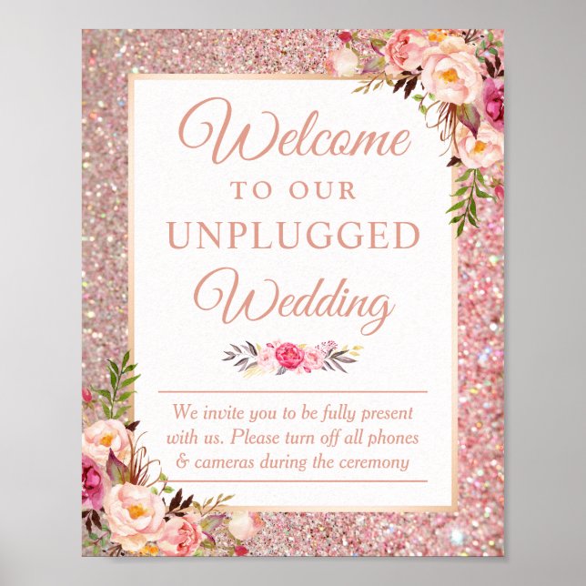 Poster Rose Gold Floral Bienvenue sur le panneau Mariage  (Devant)