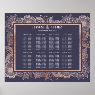 Poster Rose Gold Floral et Marine Blue Seating Chart